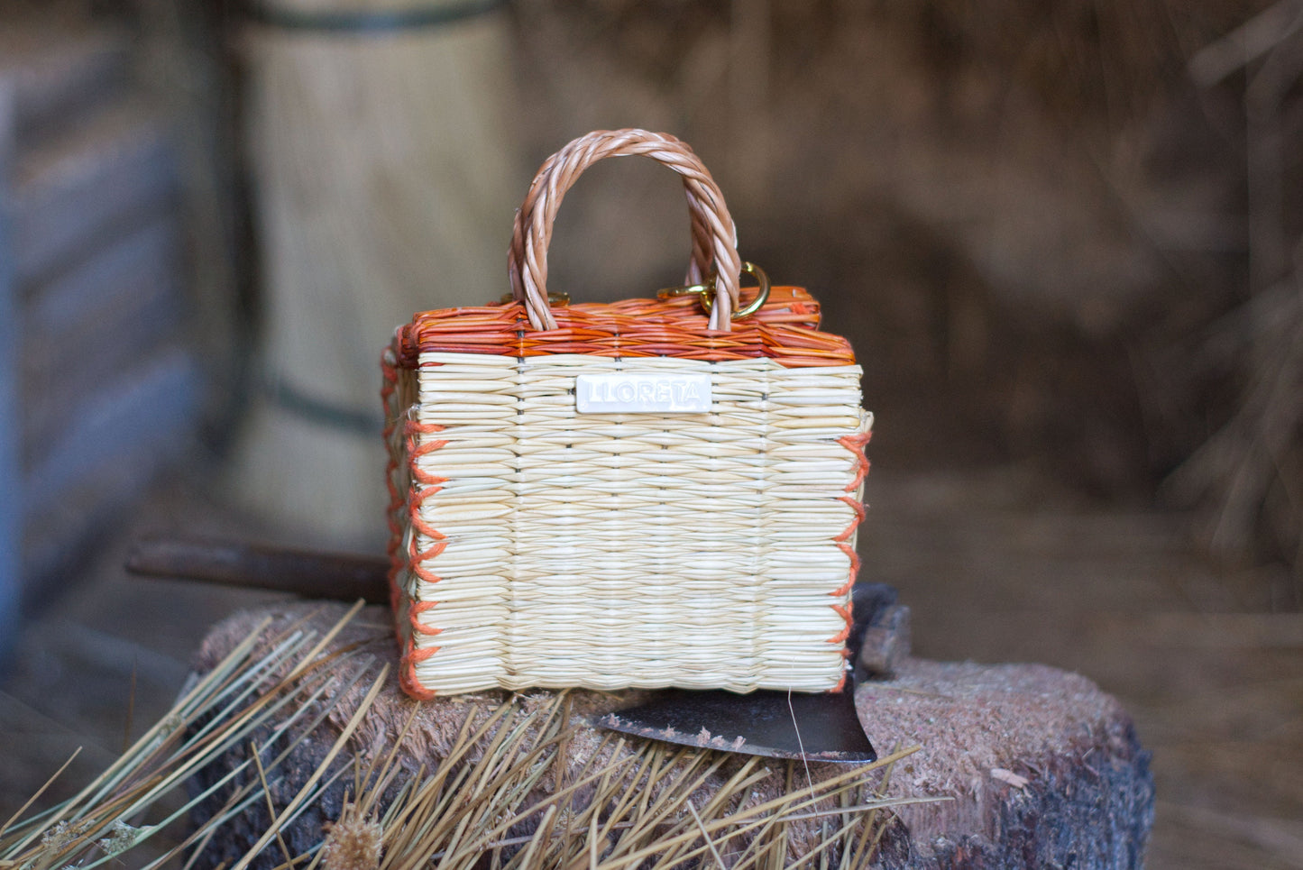 Portuguese Reed Market Bag, Organic Straw Tote, Handmade Summer Beach Basket, Traditional Woven Shopper, The 'Orange' Mini