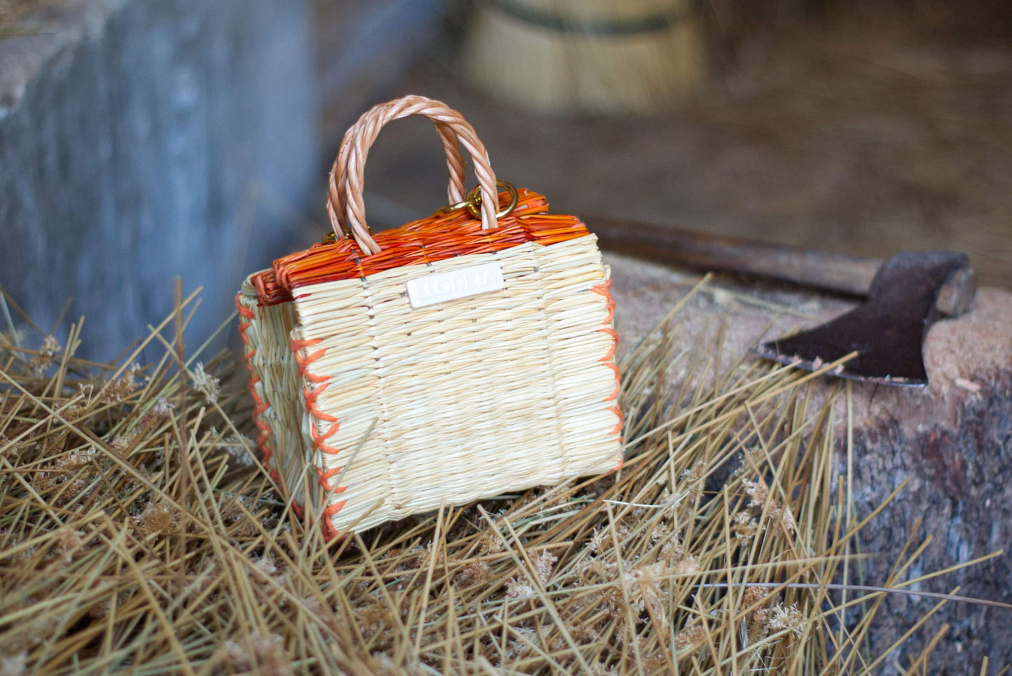 Portuguese Reed Market Bag, Organic Straw Tote, Handmade Summer Beach Basket, Traditional Woven Shopper, The 'Orange' Mini