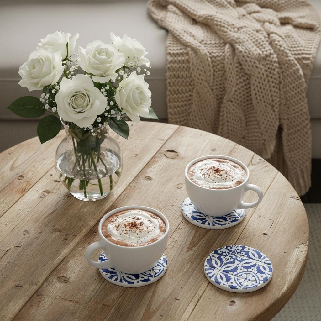 Azulejo Tile Coaster Set: Portuguese Ceramic, Blue & White Mosaic Homeware