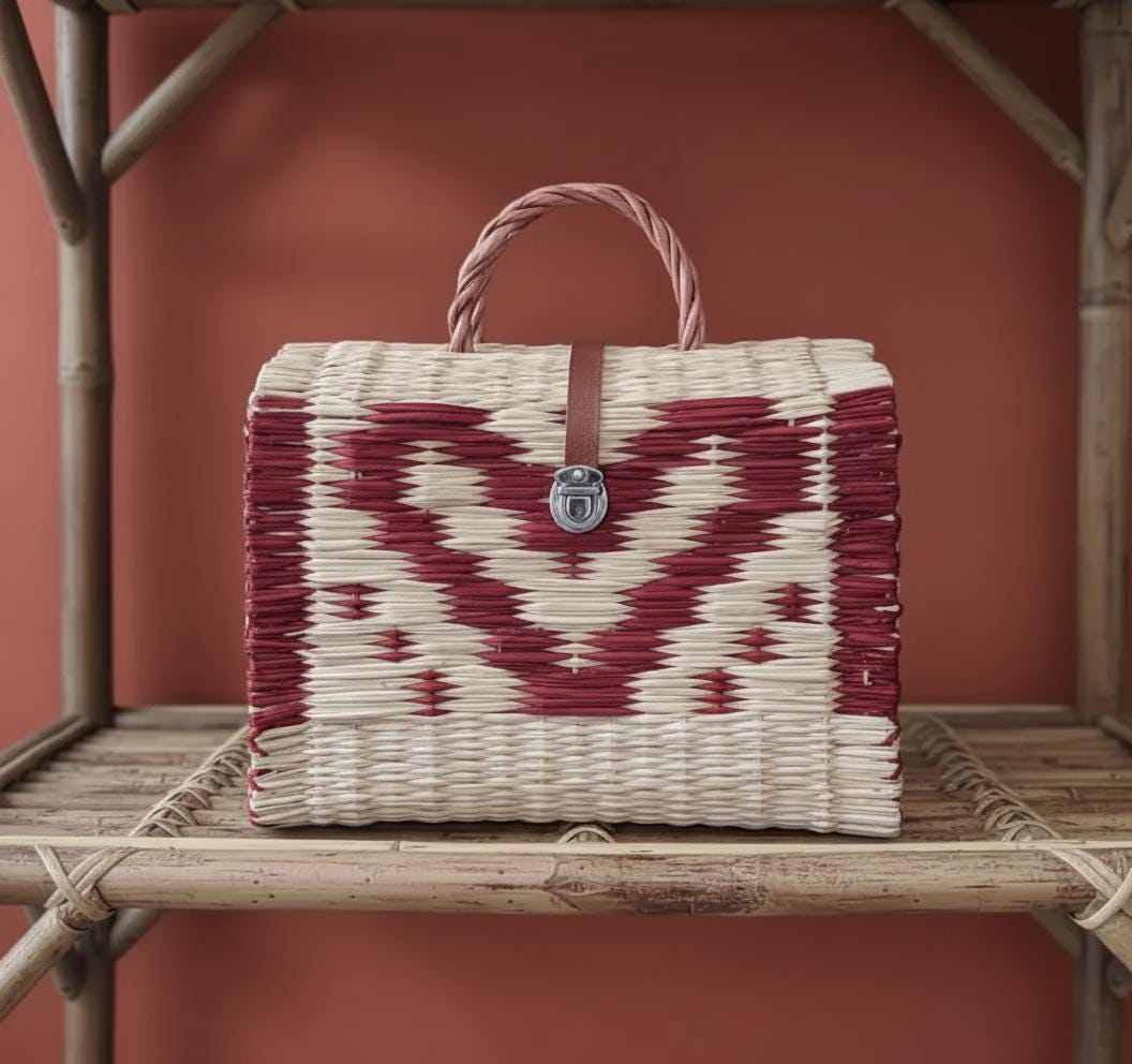 Handwoven Portuguese Reed Basket Bag - Red Heart Pattern Straw Handbag, Romantic Wicker Picnic Box, Unique Valentine’s Day Gift for Her