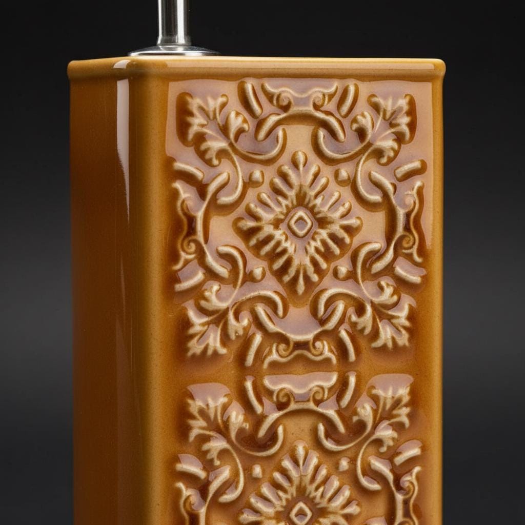 Handmade Portuguese Ceramic Oil Dispenser, Embossed Pottery Olive Oil Bottle, Rectangular Kitchen Cruet with Drip Free Pourer