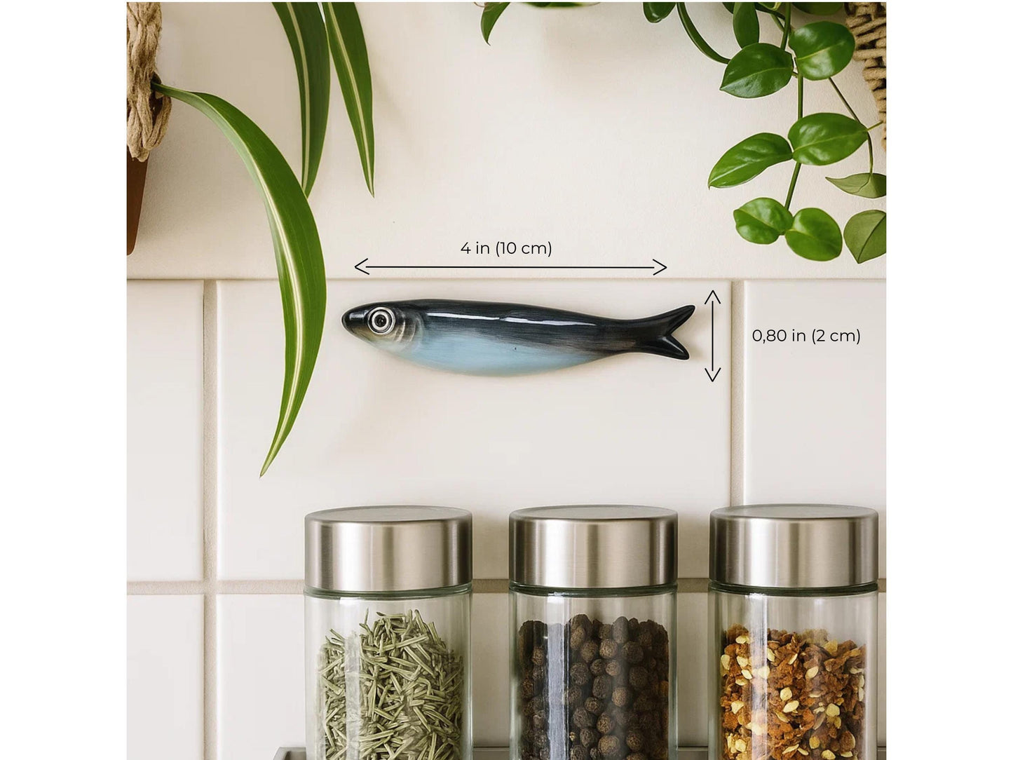Hand-Painted Glazed Ceramic Sardine Wall Art Set of 6, "Be Unique" Mediterranean Ocean Fish Kitchen Decor, Unique Housewarming Gift