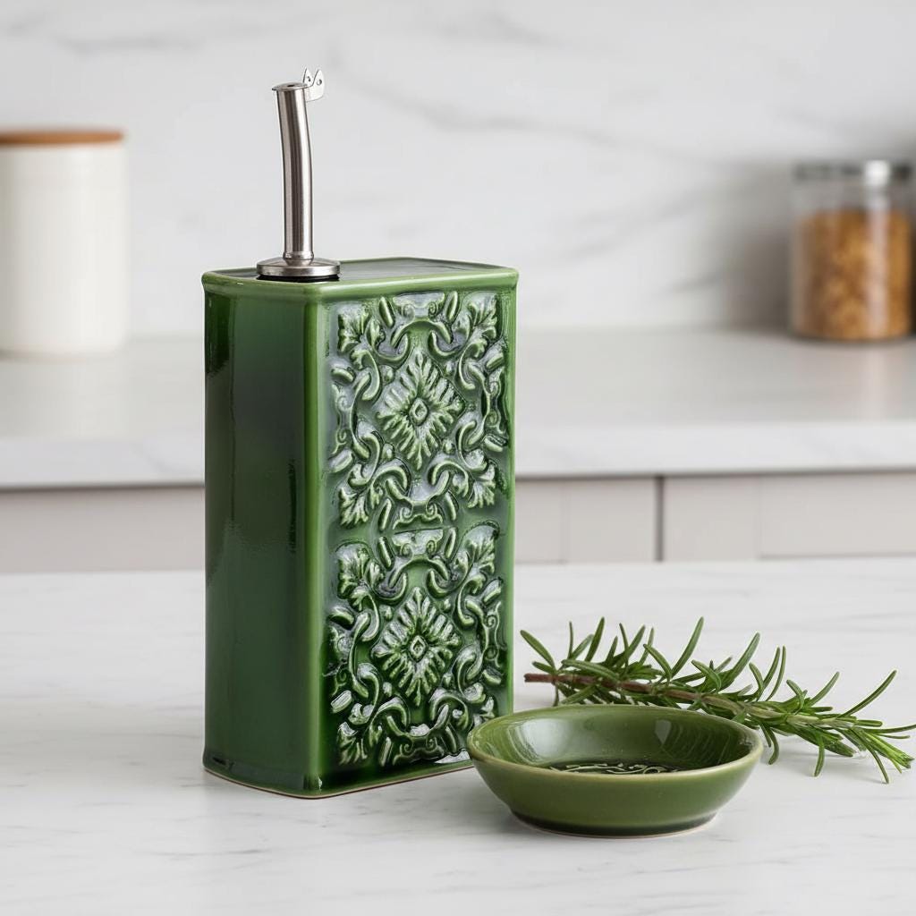 Handmade Portuguese Ceramic Oil Dispenser, Embossed Pottery Olive Oil Bottle, Rectangular Kitchen Cruet with Drip Free Pourer