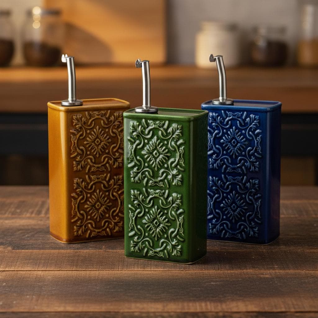 Handmade Portuguese Ceramic Oil Dispenser, Embossed Pottery Olive Oil Bottle, Rectangular Kitchen Cruet with Drip Free Pourer
