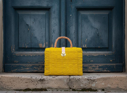 Aura Yellow Straw Basket Bag: Portuguese Organic Reed Woven Grocery & Beach Tote Bag