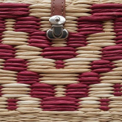 Handwoven Portuguese Reed Basket Bag - Red Heart Pattern Straw Handbag, Romantic Wicker Picnic Box, Unique Valentine’s Day Gift for Her