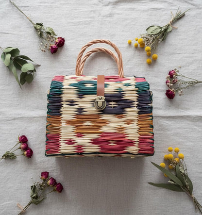 Handmade Woven Reed Basket Bag | Artisan Colorful Straw Tote & Summer Handbag