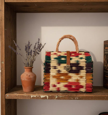 Handmade Woven Reed Basket Bag | Artisan Colorful Straw Tote & Summer Handbag