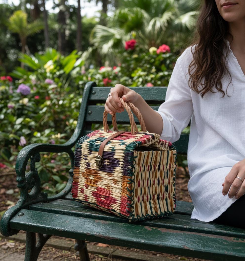 Handmade Woven Reed Basket Bag | Artisan Colorful Straw Tote & Summer Handbag