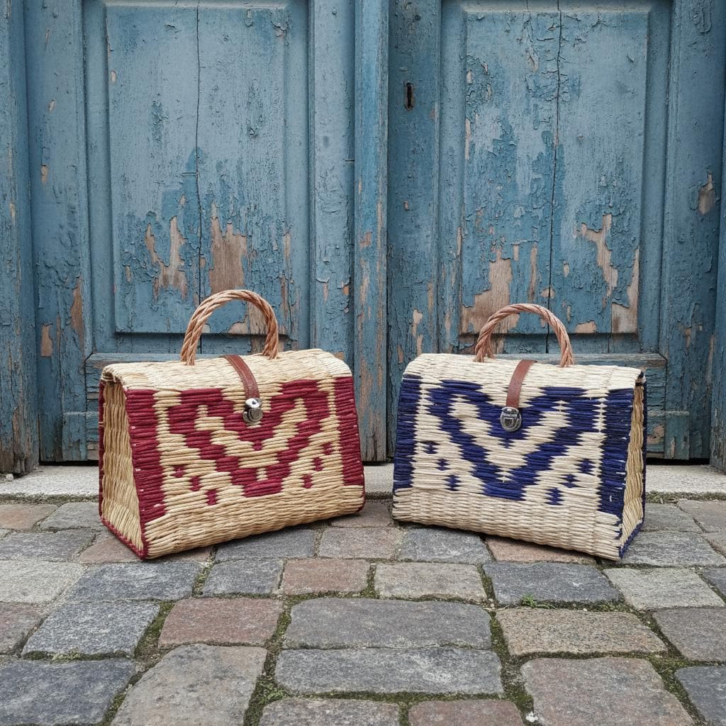 Handwoven Portuguese Reed Basket Bag - Red Heart Pattern Straw Handbag, Romantic Wicker Picnic Box, Unique Valentine’s Day Gift for Her