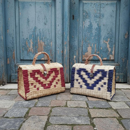 Handwoven Portuguese Reed Basket Bag - Red Heart Pattern Straw Handbag, Romantic Wicker Picnic Box, Unique Valentine’s Day Gift for Her