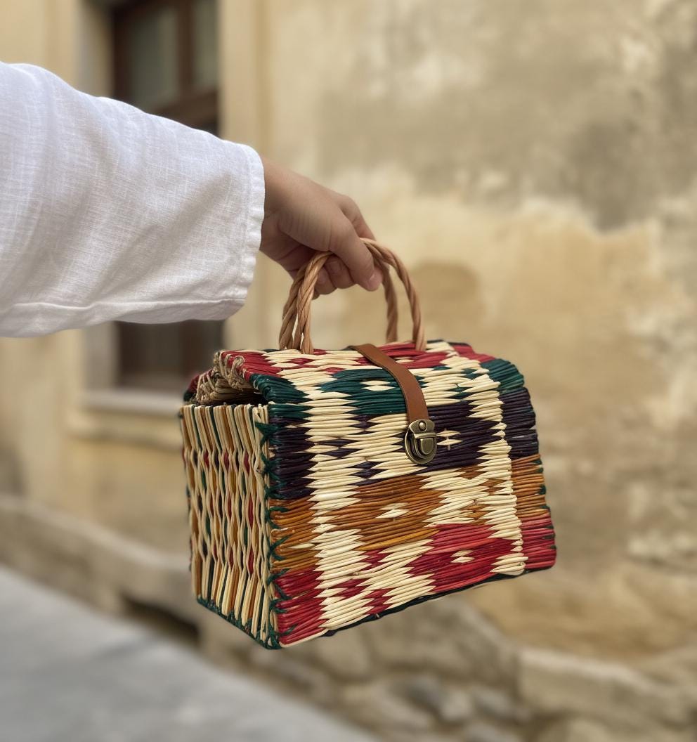 Handmade Woven Reed Basket Bag | Artisan Colorful Straw Tote & Summer Handbag