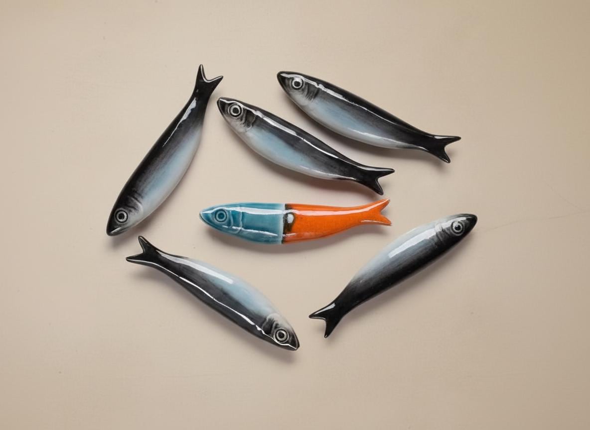 Set of 6 Handmade Portuguese Ceramic Sardines, "Be Unique" Wall Art, Portuguese Pottery Fish, Fish Lovers Gift, Homedecor gift