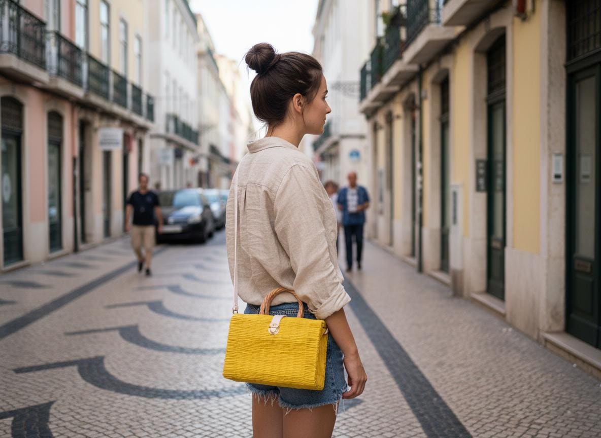 Aura Yellow Straw Basket Bag: Portuguese Organic Reed Woven Grocery & Beach Tote Bag