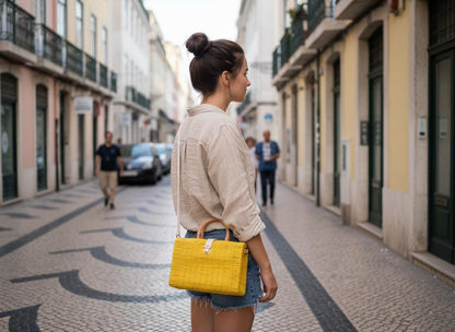 Aura Yellow Straw Basket Bag: Portuguese Organic Reed Woven Grocery & Beach Tote Bag