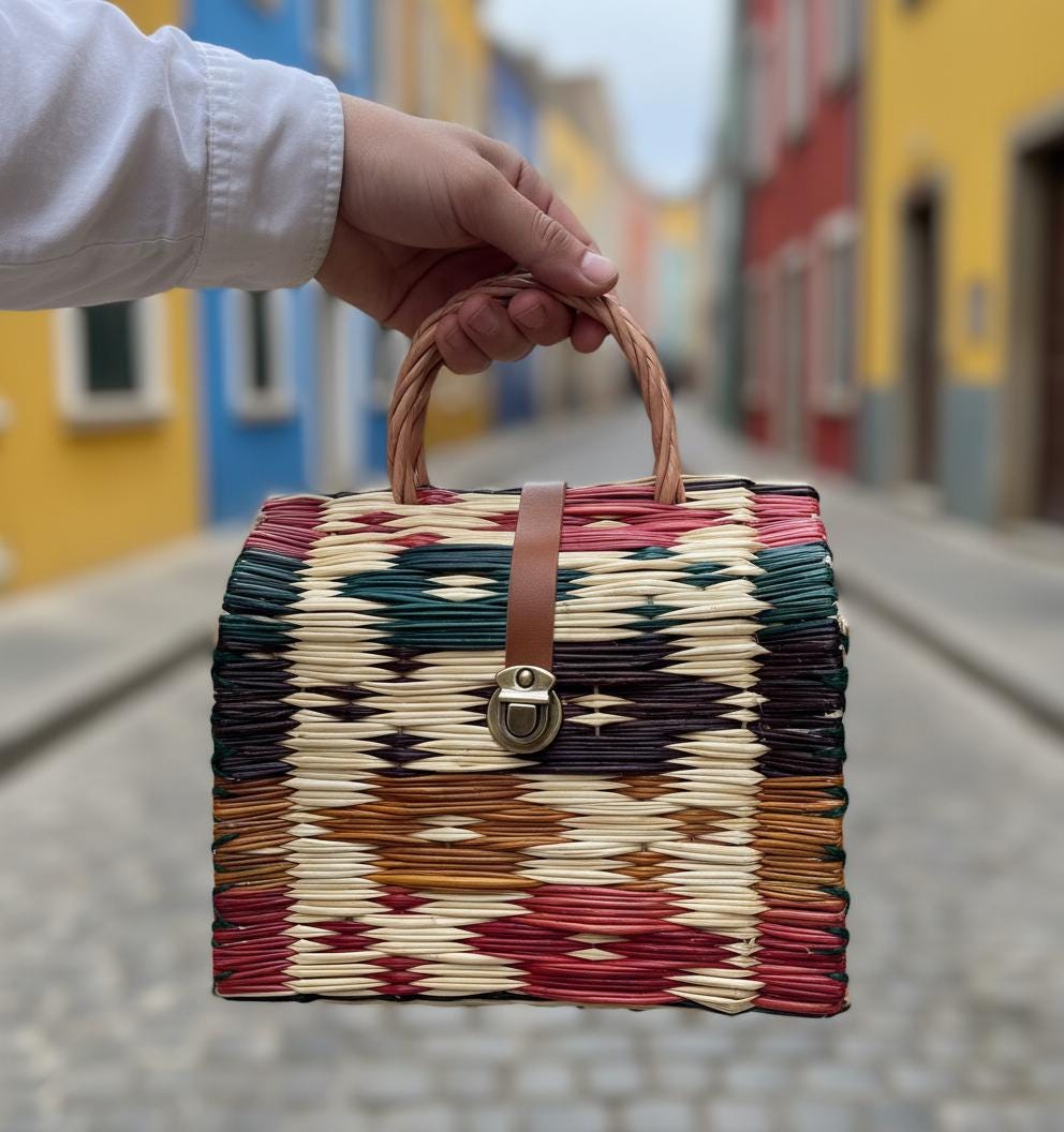 Handmade Woven Reed Basket Bag | Artisan Colorful Straw Tote & Summer Handbag