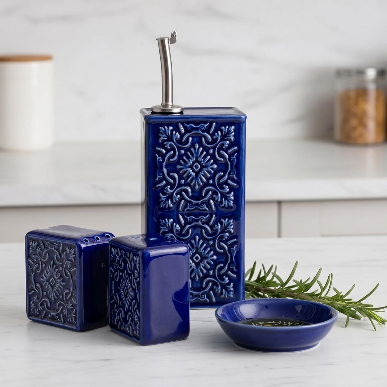Handmade Portuguese Ceramic Oil Dispenser, Embossed Pottery Olive Oil Bottle, Rectangular Kitchen Cruet with Drip Free Pourer