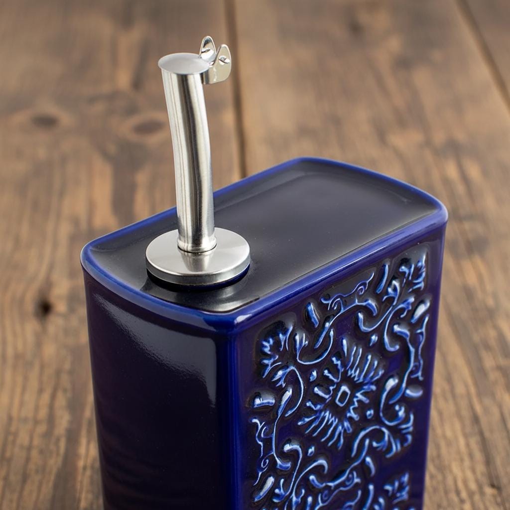 Handmade Portuguese Ceramic Oil Dispenser, Embossed Pottery Olive Oil Bottle, Rectangular Kitchen Cruet with Drip Free Pourer