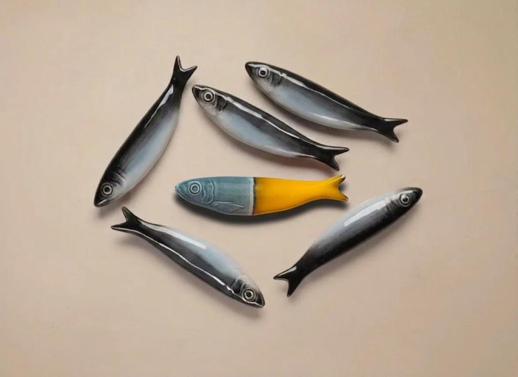 Hand-Painted Glazed Ceramic Sardine Wall Art Set of 6, "Be Unique" Mediterranean Ocean Fish Kitchen Decor, Unique Housewarming Gift