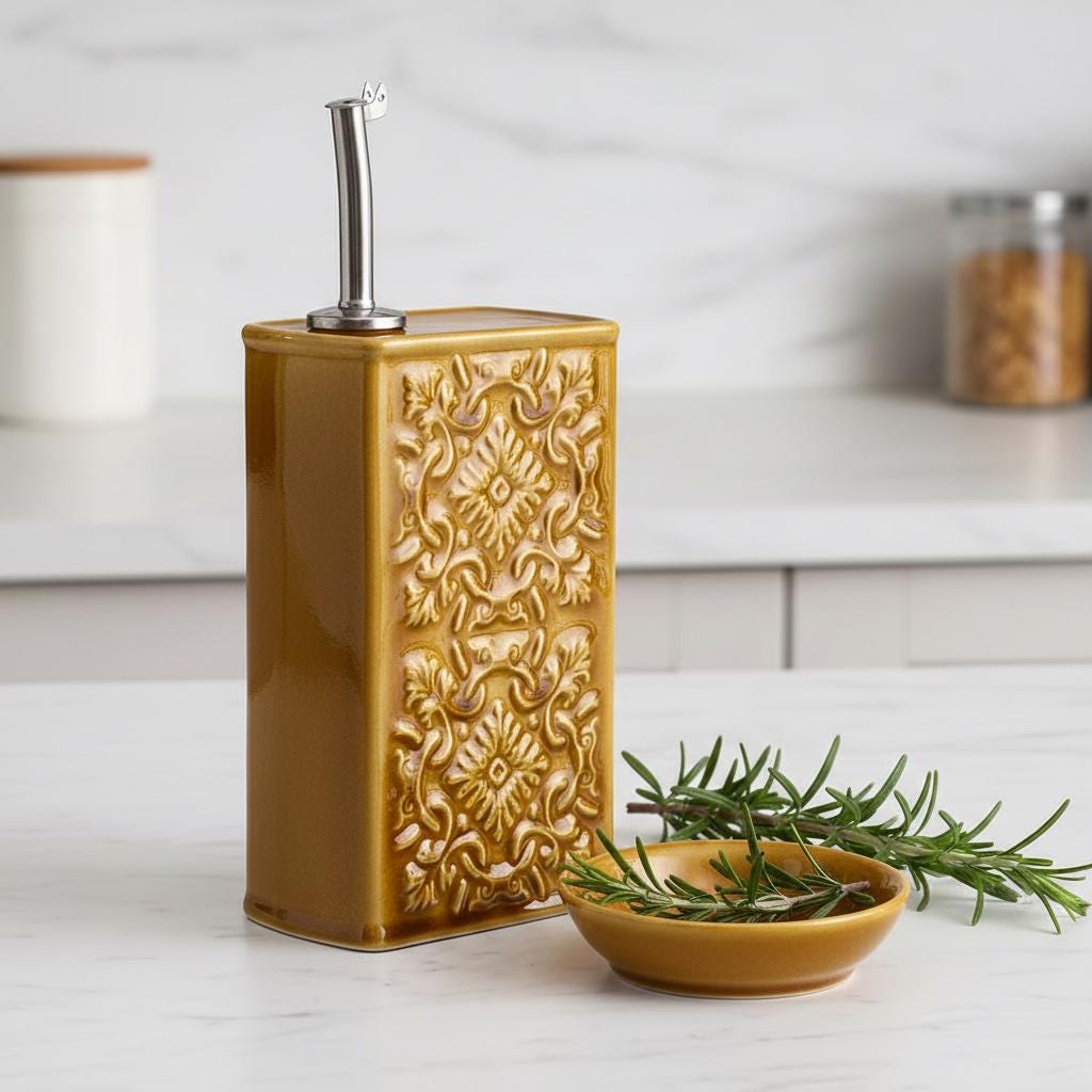 Handmade Portuguese Ceramic Oil Dispenser, Embossed Pottery Olive Oil Bottle, Rectangular Kitchen Cruet with Drip Free Pourer