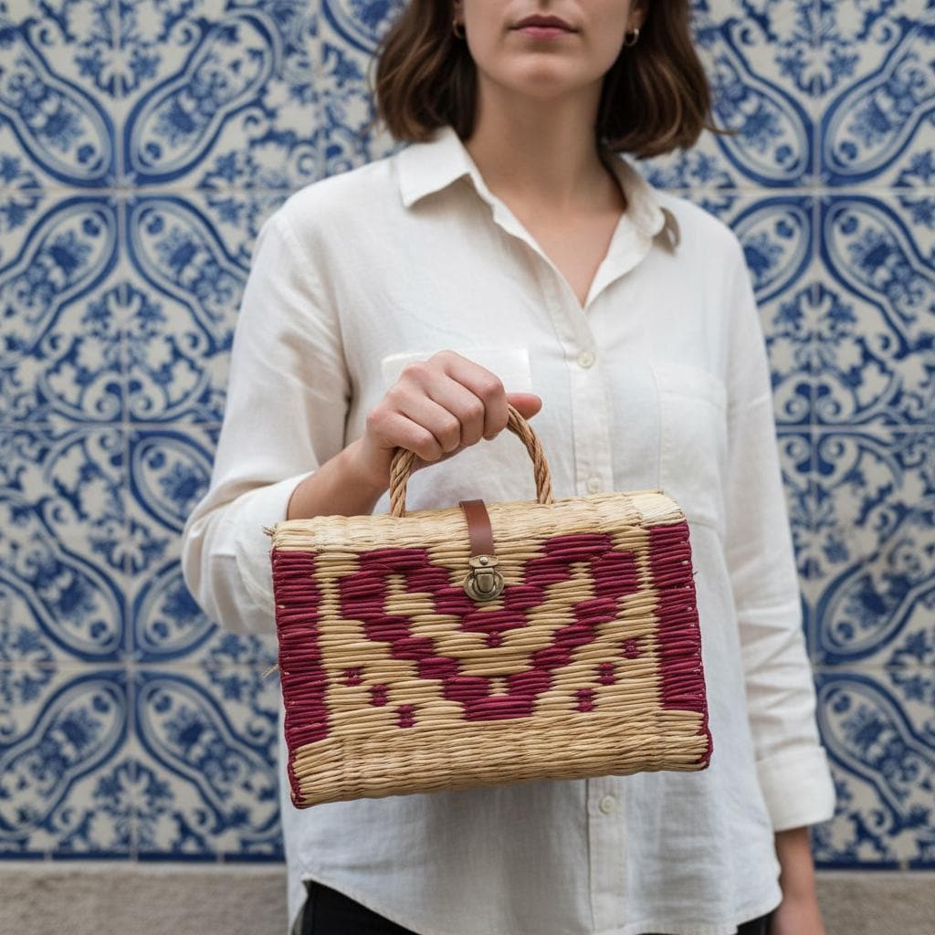 Handwoven Portuguese Reed Basket Bag - Red Heart Pattern Straw Handbag, Romantic Wicker Picnic Box, Unique Valentine’s Day Gift for Her