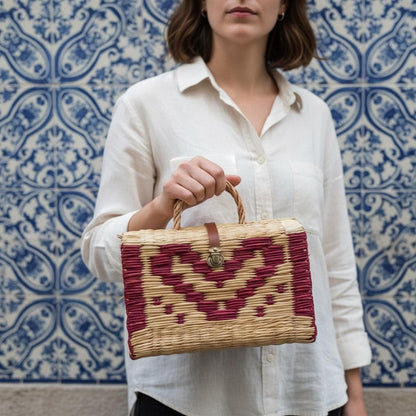 Handwoven Portuguese Reed Basket Bag - Red Heart Pattern Straw Handbag, Romantic Wicker Picnic Box, Unique Valentine’s Day Gift for Her