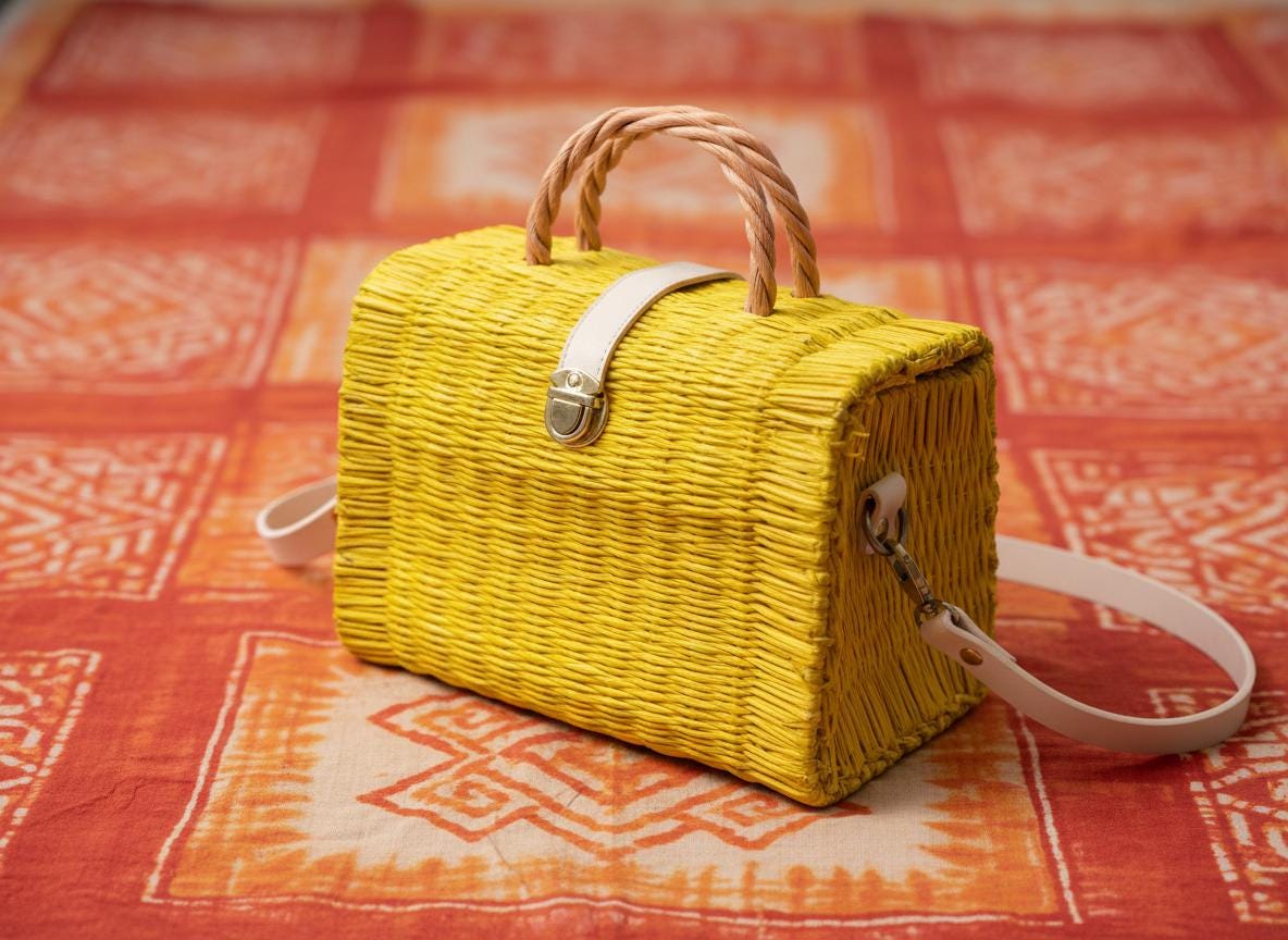 Aura Yellow Straw Basket Bag: Portuguese Organic Reed Woven Grocery & Beach Tote Bag