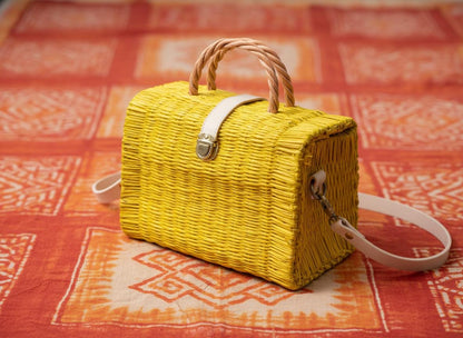 Aura Yellow Straw Basket Bag: Portuguese Organic Reed Woven Grocery & Beach Tote Bag
