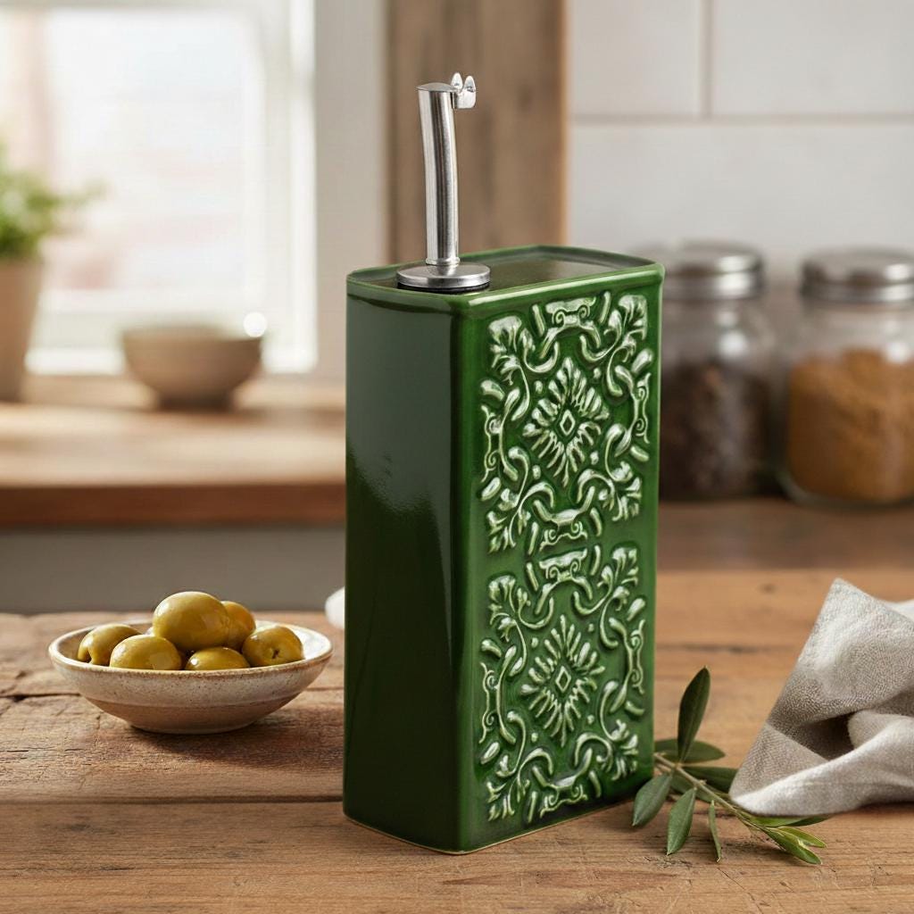 Handmade Portuguese Ceramic Oil Dispenser, Embossed Pottery Olive Oil Bottle, Rectangular Kitchen Cruet with Drip Free Pourer