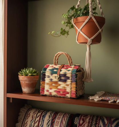 Handmade Woven Reed Basket Bag | Artisan Colorful Straw Tote & Summer Handbag