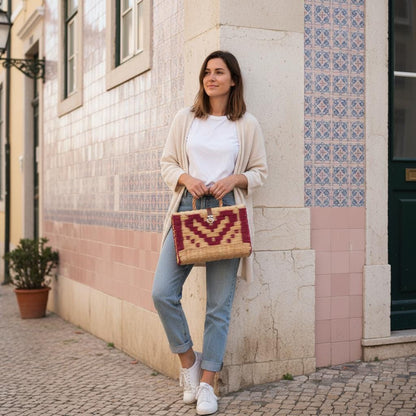 Handwoven Portuguese Reed Basket Bag - Red Heart Pattern Straw Handbag, Romantic Wicker Picnic Box, Unique Valentine’s Day Gift for Her