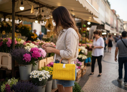 Aura Yellow Straw Basket Bag: Portuguese Organic Reed Woven Grocery & Beach Tote Bag
