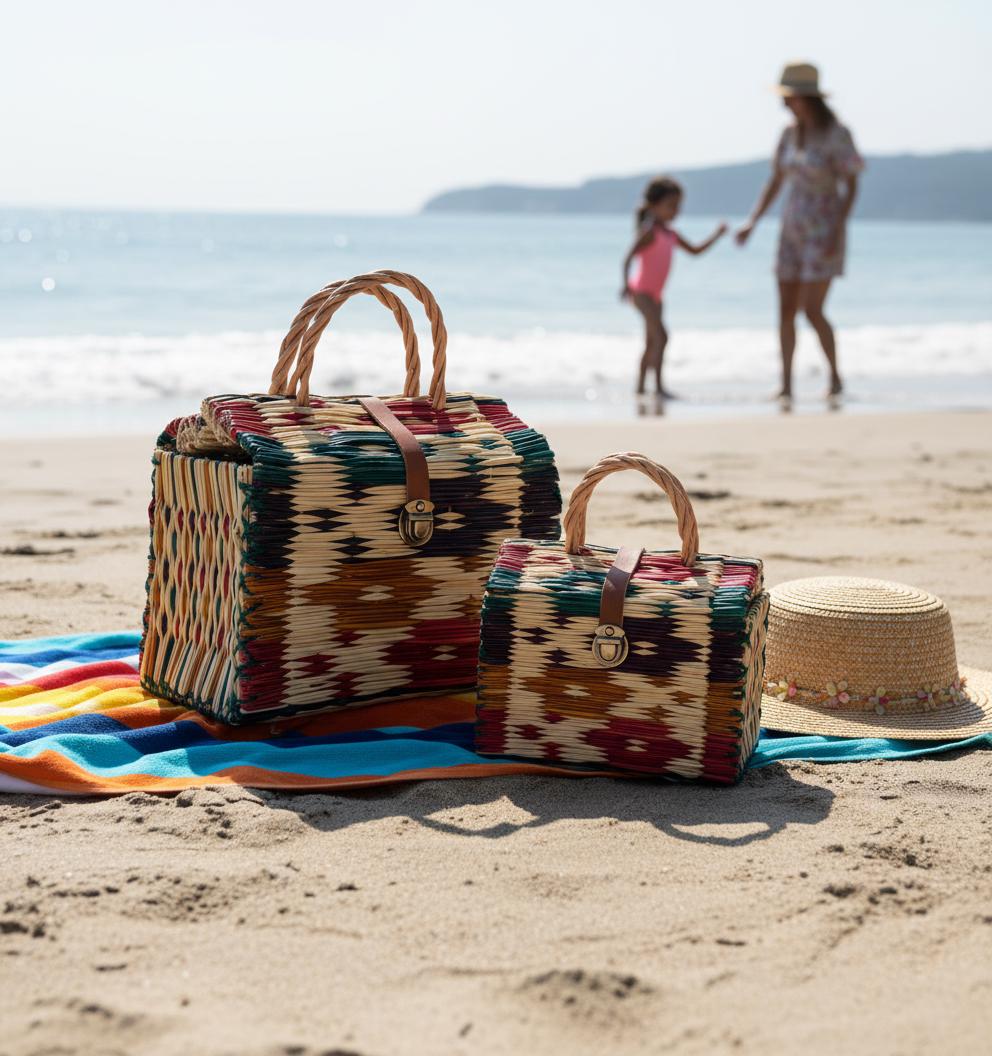 Handmade Woven Reed Basket Bag | Artisan Colorful Straw Tote & Summer Handbag
