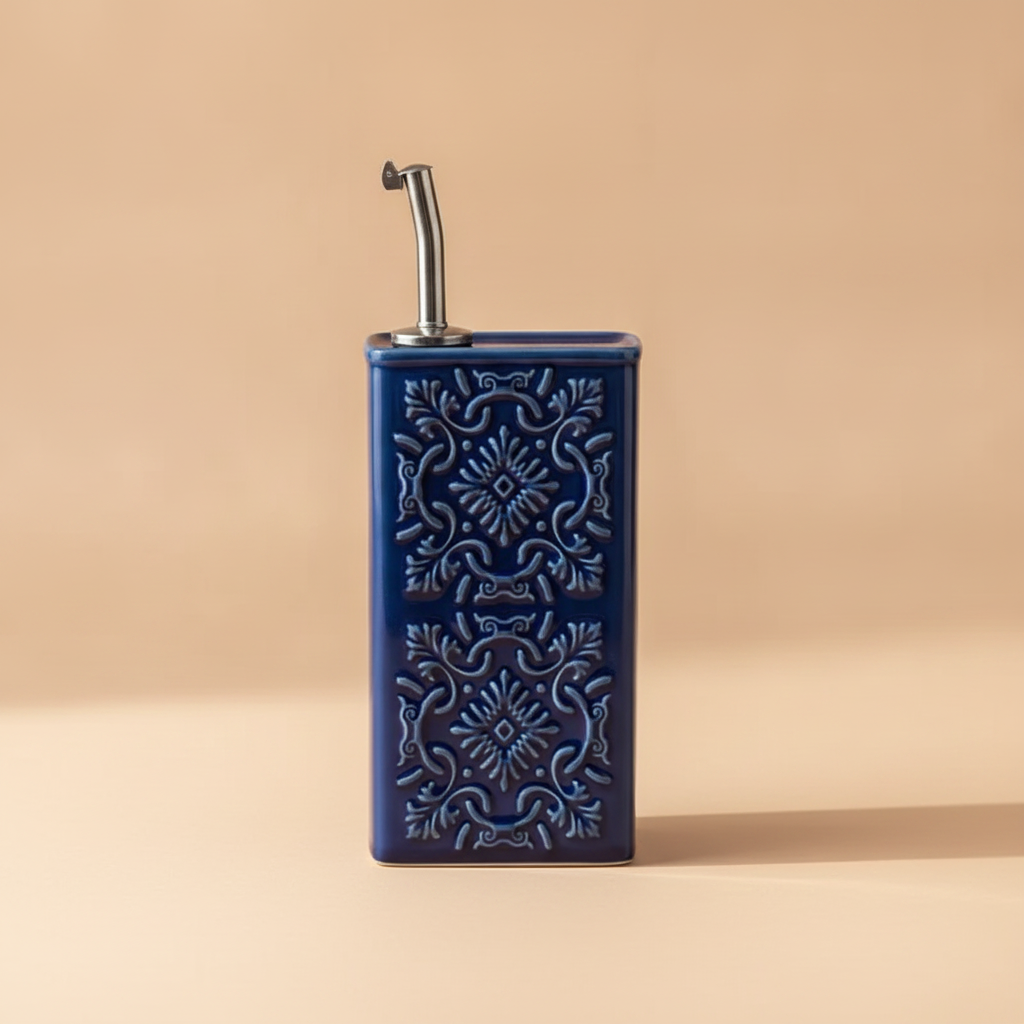 Handmade Portuguese Ceramic Oil Dispenser, Embossed Pottery Olive Oil Bottle, Rectangular Kitchen Cruet with Drip Free Pourer