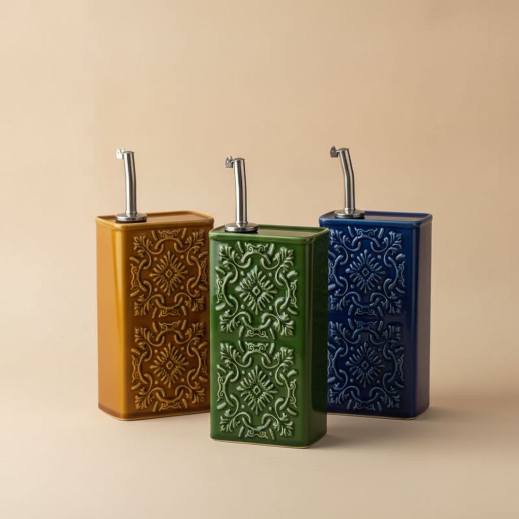 Handmade Portuguese Ceramic Oil Dispenser, Embossed Pottery Olive Oil Bottle, Rectangular Kitchen Cruet with Drip Free Pourer